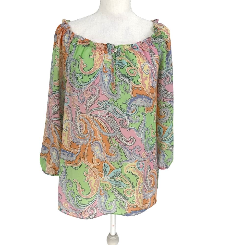 Chaps Y2K Paisley Flowy Blouse Top Womens Small Green Pink Blue Boho Retro - Picture 6 of 9